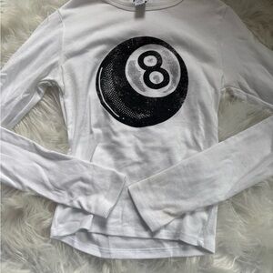 RSQ White Long Sleeve Tee with Black 8 Ball Graphic